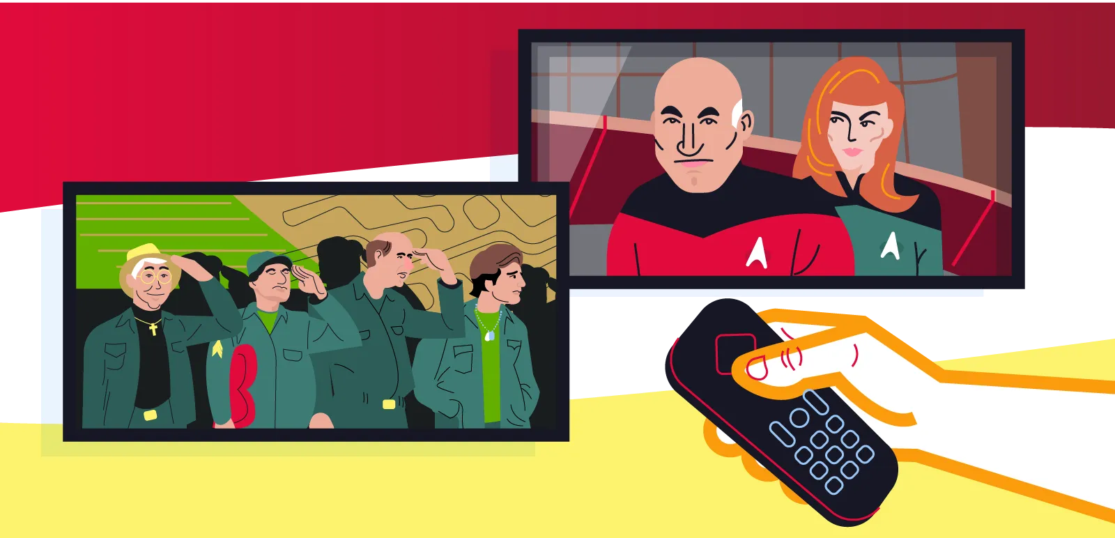 Hand with a remote and two televisions one showing the TV show Mash, the other Star Trek the next generation.